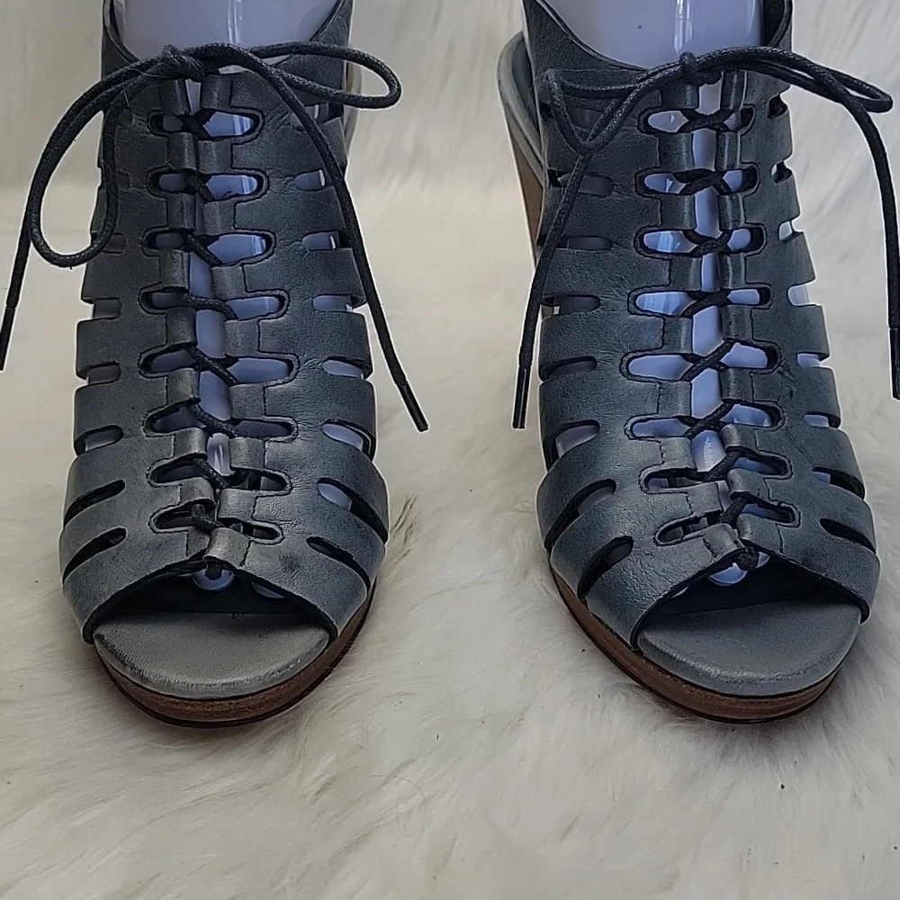 COLE HAAN Gray Blue Lace Up Cut Out Peep Toe Sling Back Wedge Sandal Heels 8 NeW